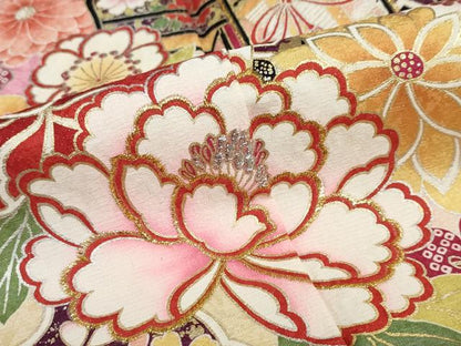 平和屋着物●豪華振袖　御所車草花文　暈し染め　金銀彩　ロング丈　正絹　逸品　DABC2154ud