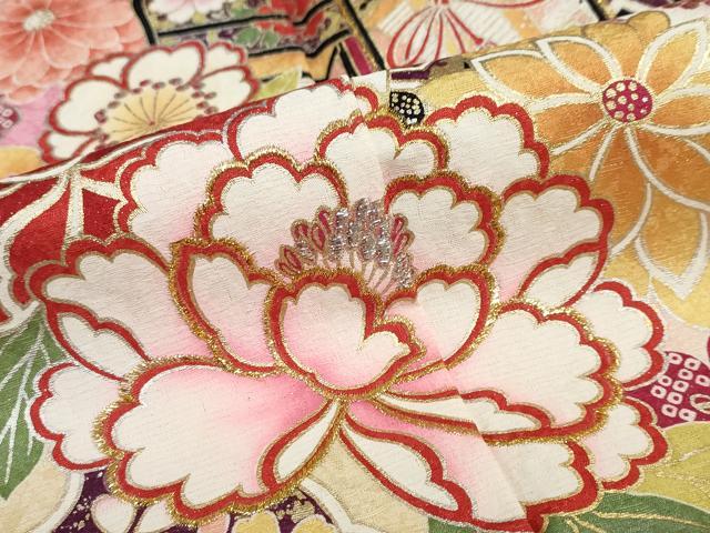 平和屋着物●豪華振袖　御所車草花文　暈し染め　金銀彩　ロング丈　正絹　逸品　DABC2154ud