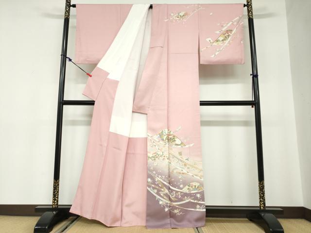 平和屋着物●訪問着　片輪車熨斗草花文　暈し染め　金彩　正絹　逸品　DABC2165ud