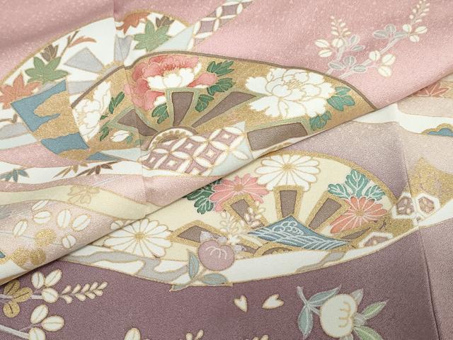 平和屋着物●訪問着　片輪車熨斗草花文　暈し染め　金彩　正絹　逸品　DABC2165ud