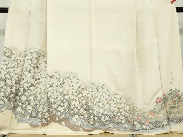 平和屋着物●色留訪問着　作家物　寿光織　花さとの記　金銀糸　反端付き　正絹　逸品　DABC2178ud