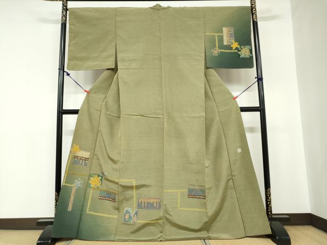 平和屋着物●訪問着　刺繍　抽象草花文　金糸　無落款　正絹　逸品　DABC2182ud