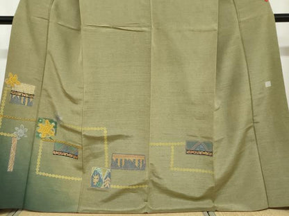 平和屋着物●訪問着　刺繍　抽象草花文　金糸　無落款　正絹　逸品　DABC2182ud