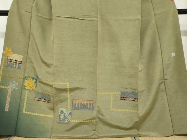 平和屋着物●訪問着　刺繍　抽象草花文　金糸　無落款　正絹　逸品　DABC2182ud