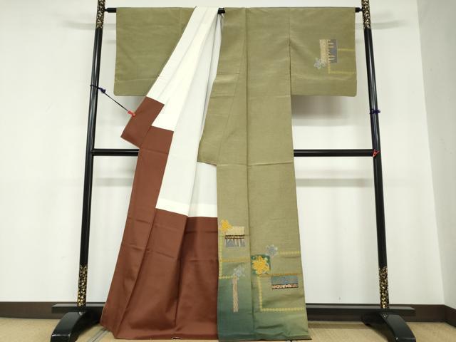 平和屋着物●訪問着　刺繍　抽象草花文　金糸　無落款　正絹　逸品　DABC2182ud