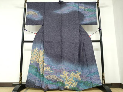 平和屋着物●訪問着　朧染め　重ね絞り　雲取り草花文　金通し地　正絹　逸品　DABC2190ud