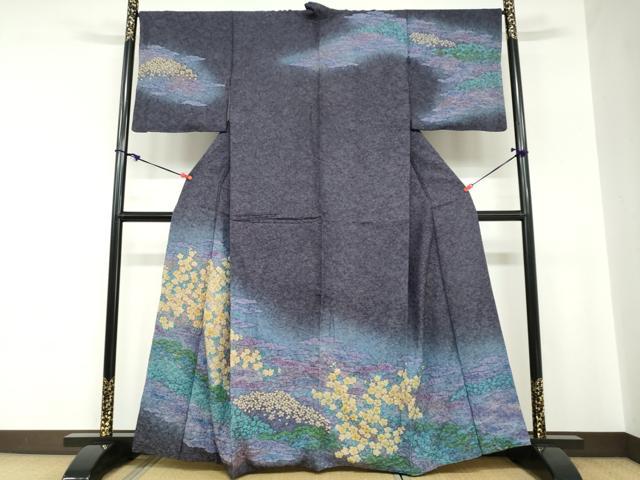 平和屋着物●訪問着　朧染め　重ね絞り　雲取り草花文　金通し地　正絹　逸品　DABC2190ud