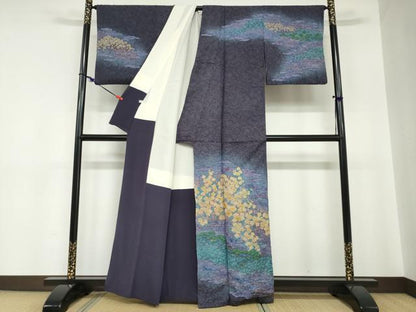 平和屋着物●訪問着　朧染め　重ね絞り　雲取り草花文　金通し地　正絹　逸品　DABC2190ud