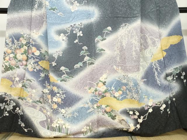 平和屋着物●訪問着　流水草花文　暈し染め　金彩　金通し地　正絹　逸品　DABC2192ud