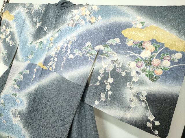 平和屋着物●訪問着　流水草花文　暈し染め　金彩　金通し地　正絹　逸品　DABC2192ud