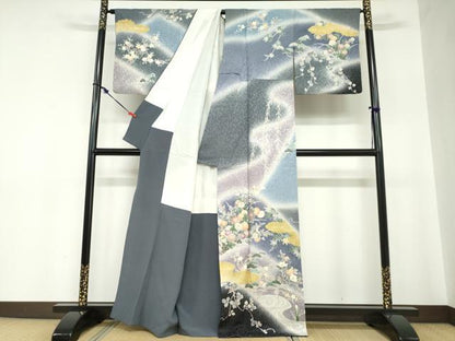 平和屋着物●訪問着　流水草花文　暈し染め　金彩　金通し地　正絹　逸品　DABC2192ud