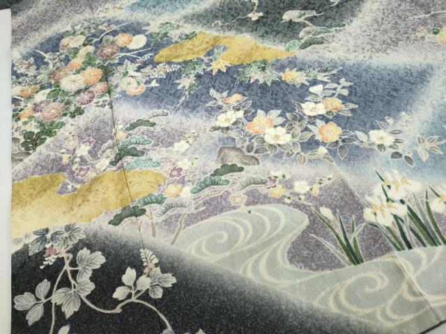 平和屋着物●訪問着　流水草花文　暈し染め　金彩　金通し地　正絹　逸品　DABC2192ud