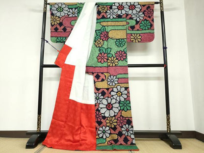 平和屋着物●訪問着　総絞り　エ霞草花文　ロング丈　正絹　逸品　DABC2194ud