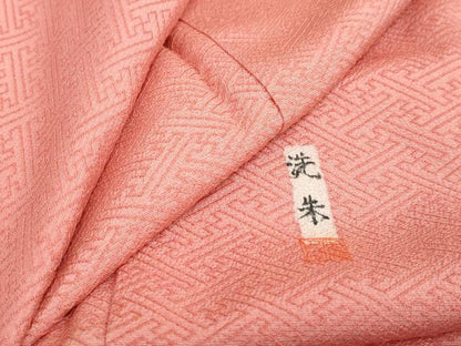 平和屋着物●上質な色無地　作家物　紗綾型地紋　甚三紅色　正絹　逸品　DABC2201ud
