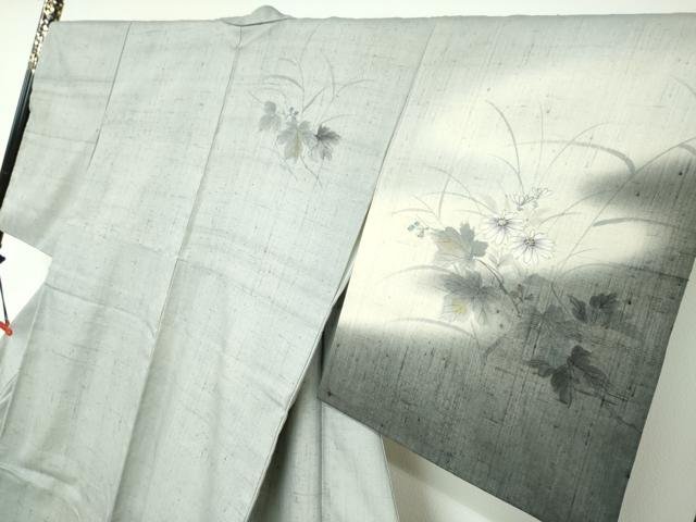 平和屋着物●訪問着　作家物　生紬　手描き　草花文　金彩　正絹　逸品　DABC2205ud