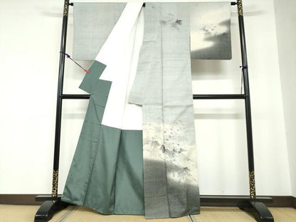 平和屋着物●訪問着　作家物　生紬　手描き　草花文　金彩　正絹　逸品　DABC2205ud