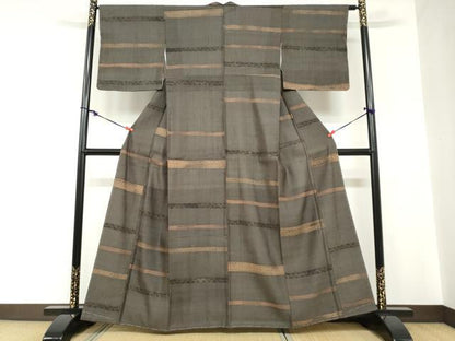 平和屋着物●上質な小紋　紬地　横段草花文　正絹　逸品　未使用　DABC2229ud