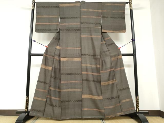 平和屋着物●上質な小紋　紬地　横段草花文　正絹　逸品　未使用　DABC2229ud