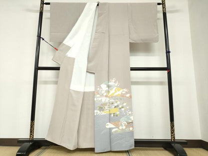 平和屋着物●色留訪問着　流水地紙飛鶴草花文　金彩　健勝苑扱い　正絹　逸品　未使用　DABC2236ud