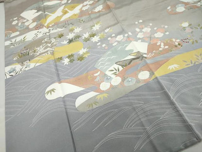 平和屋着物●色留訪問着　流水地紙飛鶴草花文　金彩　健勝苑扱い　正絹　逸品　未使用　DABC2236ud