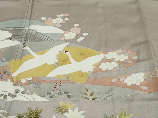 平和屋着物●色留訪問着　流水地紙飛鶴草花文　金彩　健勝苑扱い　正絹　逸品　未使用　DABC2236ud