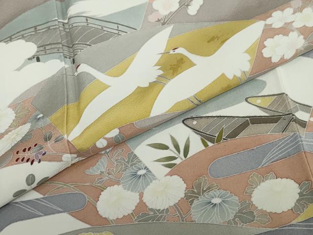 平和屋着物●色留訪問着　流水地紙飛鶴草花文　金彩　健勝苑扱い　正絹　逸品　未使用　DABC2236ud