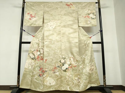 平和屋着物●訪問着　駒刺繍　流水貝合わせ草花文　金彩　正絹　逸品　DABC2237ud