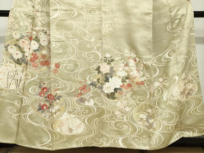 平和屋着物●訪問着　駒刺繍　流水貝合わせ草花文　金彩　正絹　逸品　DABC2237ud