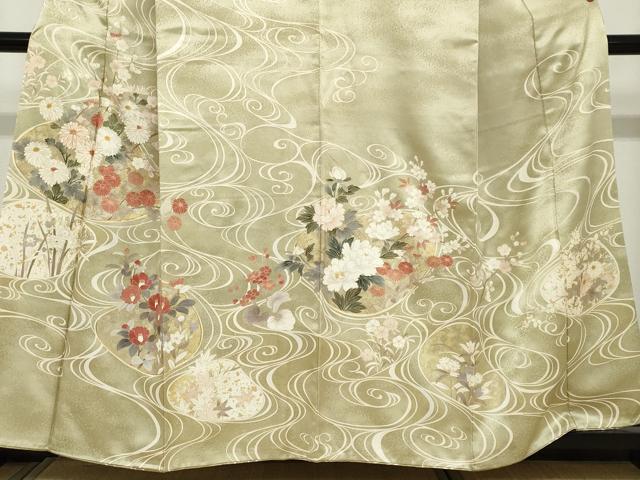 平和屋着物●訪問着　駒刺繍　流水貝合わせ草花文　金彩　正絹　逸品　DABC2237ud