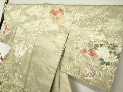 平和屋着物●訪問着　駒刺繍　流水貝合わせ草花文　金彩　正絹　逸品　DABC2237ud