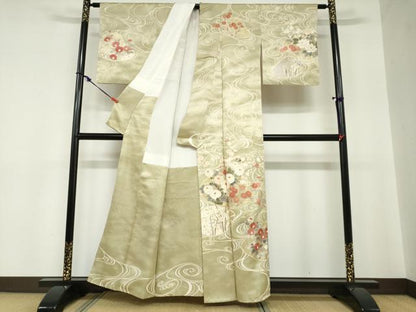 平和屋着物●訪問着　駒刺繍　流水貝合わせ草花文　金彩　正絹　逸品　DABC2237ud