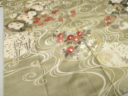 平和屋着物●訪問着　駒刺繍　流水貝合わせ草花文　金彩　正絹　逸品　DABC2237ud