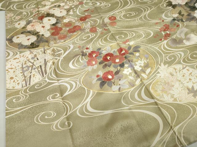 平和屋着物●訪問着　駒刺繍　流水貝合わせ草花文　金彩　正絹　逸品　DABC2237ud