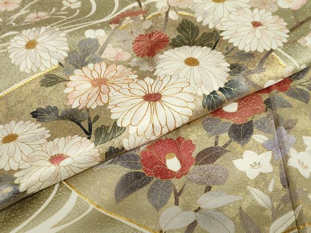平和屋着物●訪問着　駒刺繍　流水貝合わせ草花文　金彩　正絹　逸品　DABC2237ud