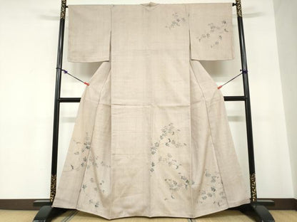 平和屋着物●訪問着　紬地　手描き　草花文　正絹　逸品　DABC2242ud