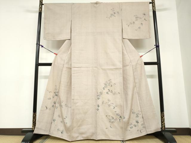 平和屋着物●訪問着　紬地　手描き　草花文　正絹　逸品　DABC2242ud