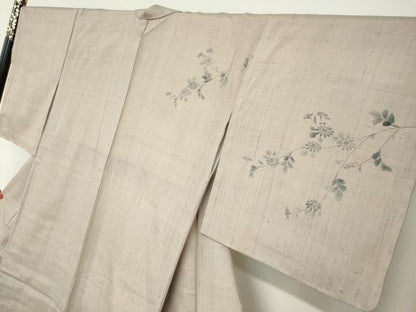 平和屋着物●訪問着　紬地　手描き　草花文　正絹　逸品　DABC2242ud