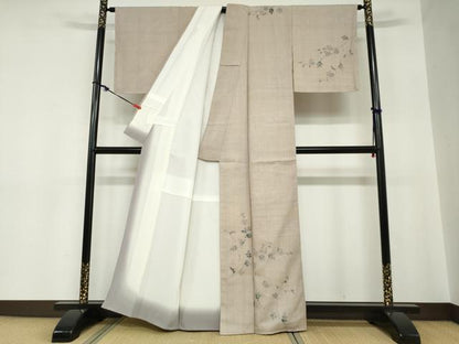 平和屋着物●訪問着　紬地　手描き　草花文　正絹　逸品　DABC2242ud