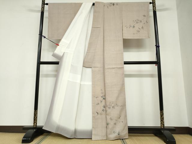 平和屋着物●訪問着　紬地　手描き　草花文　正絹　逸品　DABC2242ud
