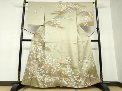 平和屋着物●訪問着　流水小舟草花文　金銀彩　正絹　逸品　DABC2250ud
