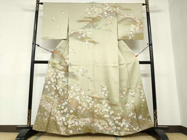 平和屋着物●訪問着　流水小舟草花文　金銀彩　正絹　逸品　DABC2250ud