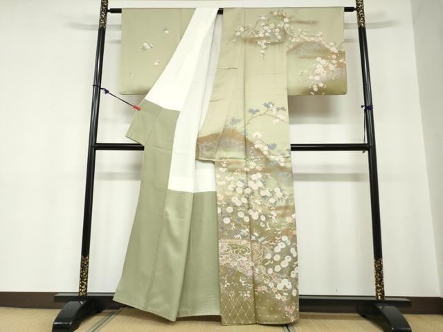 平和屋着物●訪問着　流水小舟草花文　金銀彩　正絹　逸品　DABC2250ud