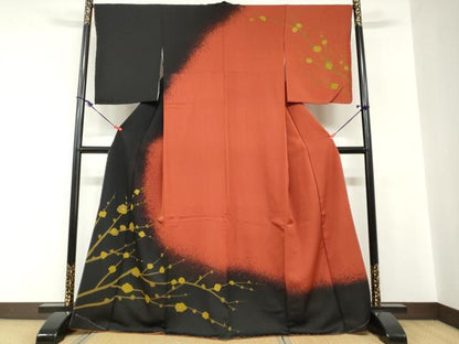 平和屋着物●訪問着　枝梅文　黒地　金彩　正絹　逸品　未使用　DABC2251ud