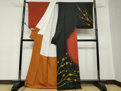 平和屋着物●訪問着　枝梅文　黒地　金彩　正絹　逸品　未使用　DABC2251ud