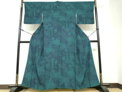 平和屋着物●上質な小紋　藍　型染め　草花文　正絹　逸品　DABC2259ud