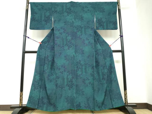 平和屋着物●上質な小紋　藍　型染め　草花文　正絹　逸品　DABC2259ud