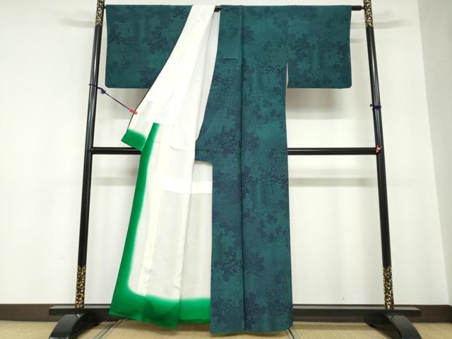 平和屋着物●上質な小紋　藍　型染め　草花文　正絹　逸品　DABC2259ud