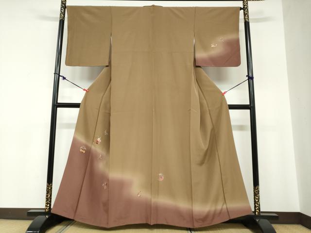 平和屋着物●訪問着　総刺繍　花蝶文　暈し染め　金糸　正絹　逸品　DABC2261ud