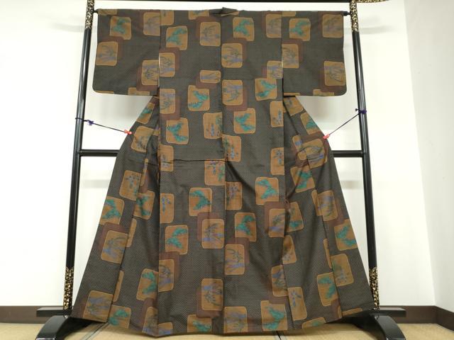 平和屋着物●本場大島紬　7マルキ　総絣　格子松文　正絹　逸品　DABC2263ud