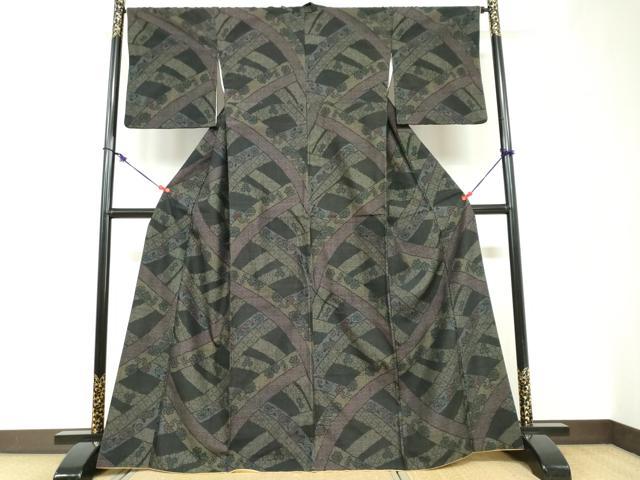 平和屋着物●結城紬　100亀甲　熨斗吉祥草花文　正絹　逸品　DABC2267ud